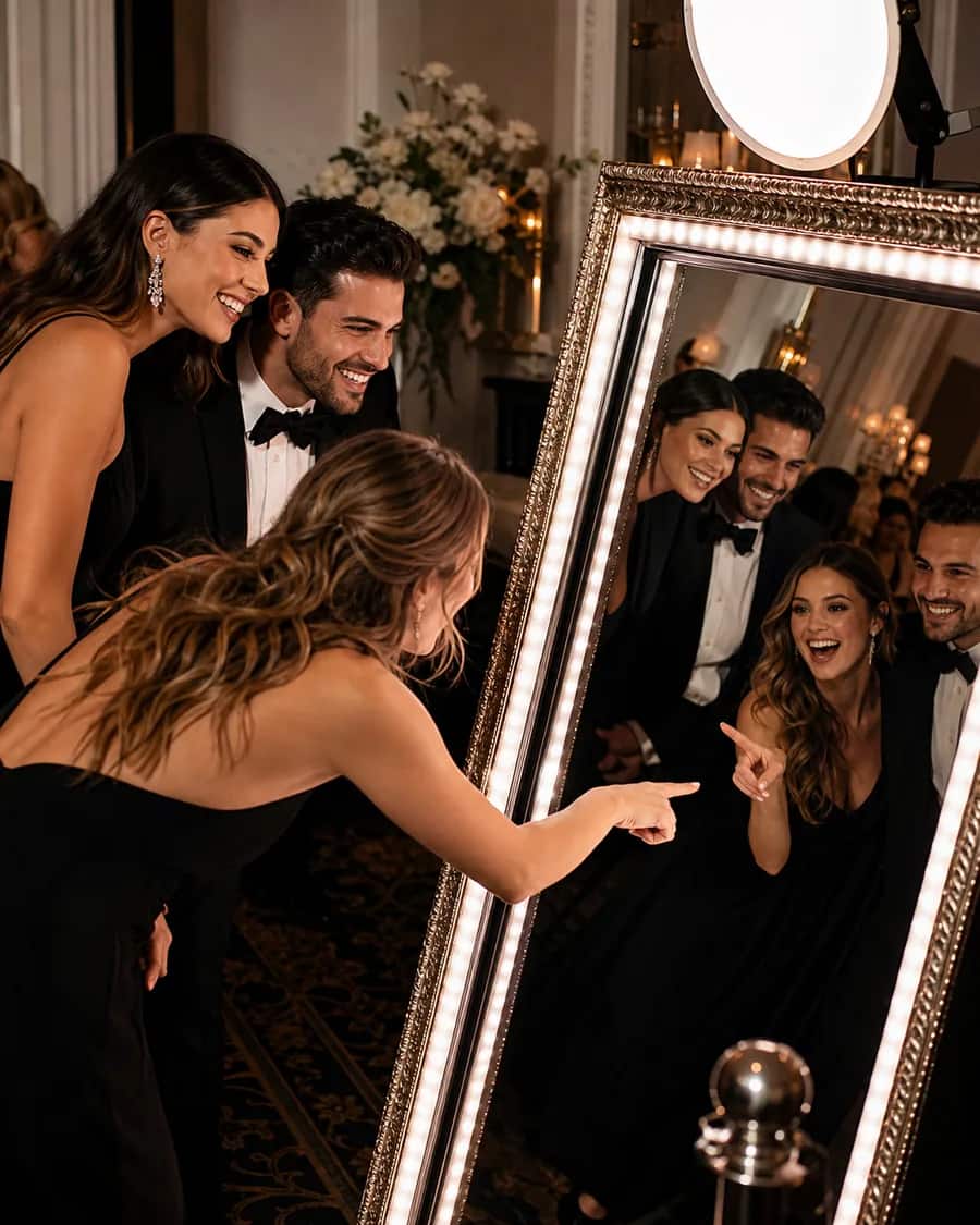Invitați în ținute de seară fotografiindu-se la o oglindă foto cu ramă luminată, la o nuntă