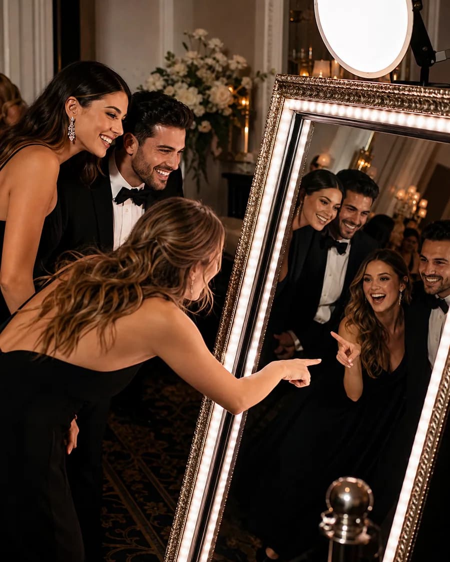 Invitați în ținute de seară fotografiindu-se la o oglindă foto cu ramă luminată, la o nuntă