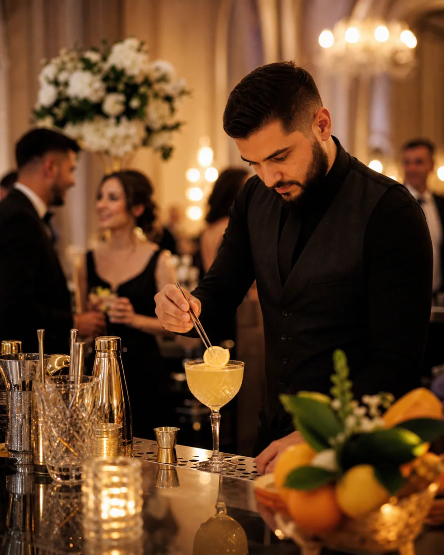 Barman în vestă neagră finalizând un cocktail la barul unei nunți, cu invitați în fundal